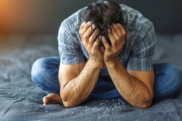 A young man struggles with life challenges and emotional turmoil while sitting on his bed