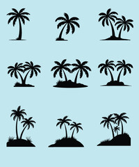 Fototapeta premium A collection of nine minimalist black silhouette illustrations of palm trees on islands, featuring varying tree sizes and arrangements 