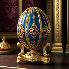 A luxurious 3D illustration of a Fabergé egg, reflecting the splendor of the Romanov era. The egg is intricately detailed with golden accents, delicate engravings, and encrusted gemstones, set against
