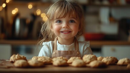 Joyful Girl Baking Cookies in a Cozy Kitchen with Warm Lighting