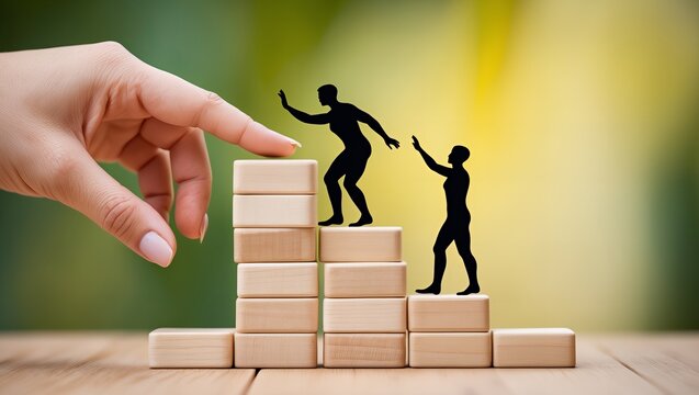 Hand Helps Silhouette Figures Climb Wooden Blocks Stairs Concept
