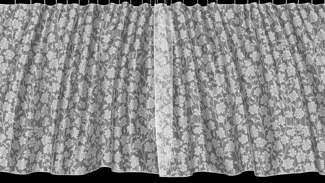 Opening and Closing White Transparent Curtain with a Flowers Pattern Slowly Swaying in the Wind with Open Window. Beautiful 3d Animation, Ultra HD 3840x2160 4K