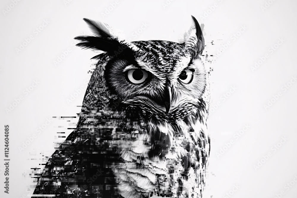 Poster Stylized monochrome illustration of an owl with a fragmented glitch effect creating a modern and artistic digital look  

