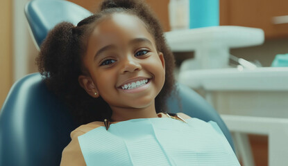 Black kid happy on dental chair, teeth check up, dental care, healthcare