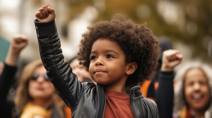 African American kid with fist raised, black history month concept, black baby, diversity, protest