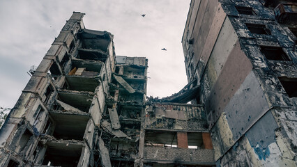 destroyed and burned houses in the city in Ukraine