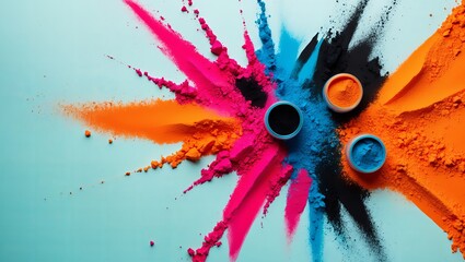 Kolorowe proszki Holi w kolorze pomarańczowym, różowym, niebieskim i czarnym rozrzucone na jasnoniebieskim tle. Wybuchowy projekt powitalny o żywych barwach. Koncepcja uroczystego obchodów