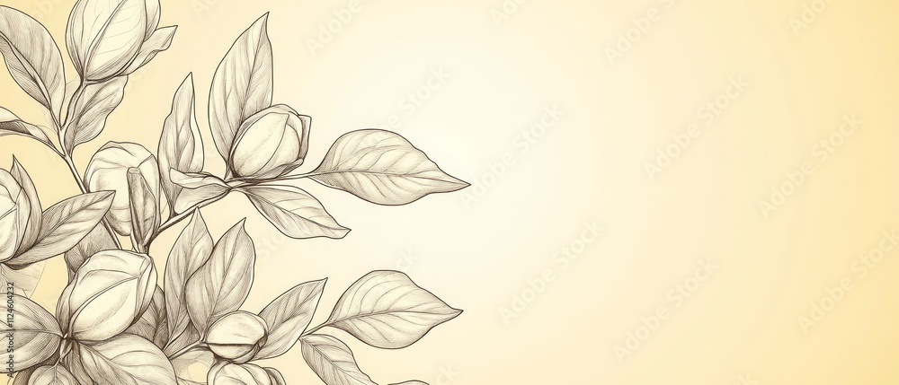Poster delicate sketch showcases flowering branches with detailed leaves against a soft yellow backdrop, cr