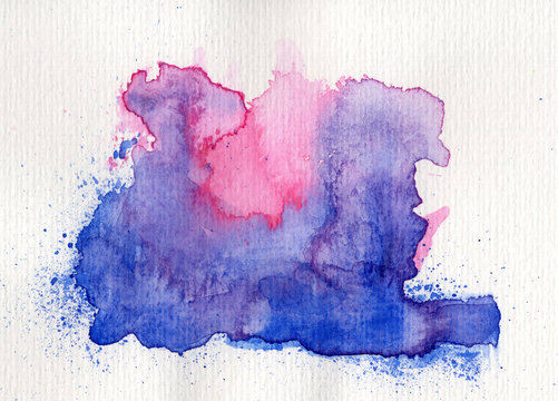 Abstract watercolor painting with pink and blue hues on paper