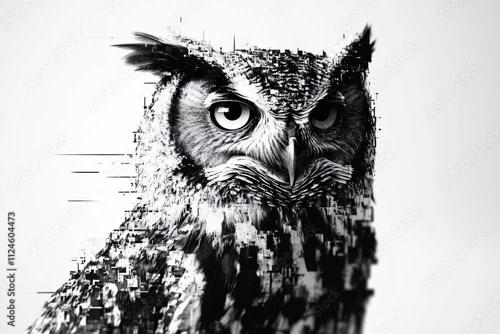 Poster black and white digital artwork of an owl with a glitch effect blending realism and abstraction on a