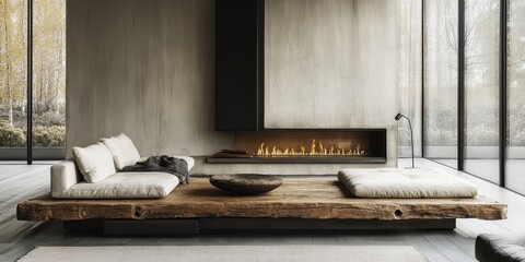 Cozy minimalist living space with a fireplace and natural elements for a tranquil atmosphere