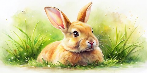 Adorable Easter Bunny Rabbit in Pastel Orange Watercolor Style, Laying in Grass, Perfect for Spring Celebrations and Seasonal Decor, Isolated on a Crisp White Background