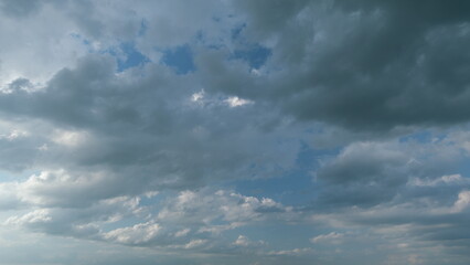 Cloudy sky and gloomy clouds. Dark grey storm clouds. Rain is coming soon. Horrible weather. Timelapse.