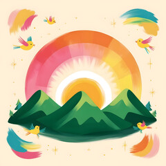 A creative abstract depiction of a mountainous landscape featuring a rainbow of colors and minimalist style.