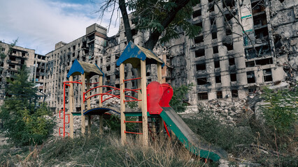 destroyed and burned houses in the city in Ukraine
