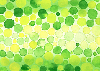 Watercolor pattern with green and yellow circles on paper, nobody.