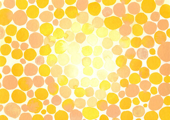 Watercolor pattern with circles and dots in yellow and beige hues, hand-painted on paper.