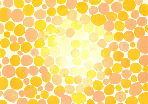 Watercolor pattern with circles and dots in yellow and beige hues, hand-painted on paper.