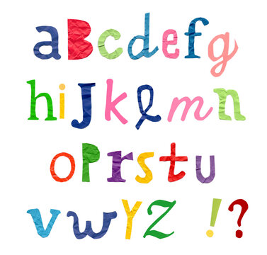 Colorful alphabet made of crumpled paper with lowercase letters and punctuation marks.