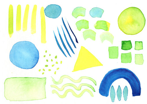 Abstract watercolor painting with various geometric shapes in green, blue, and yellow on paper.