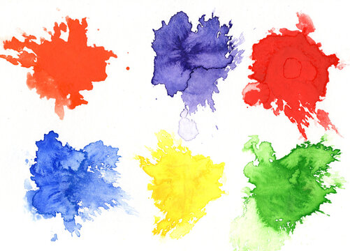 Authentic watercolor painting on paper with primary and complementary colors.