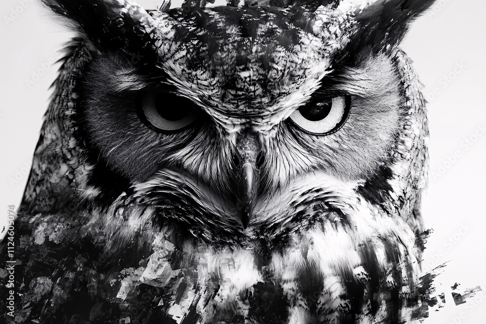 Poster close-up of a monochrome owl with piercing eyes and detailed feathers creating a dramatic and powerf