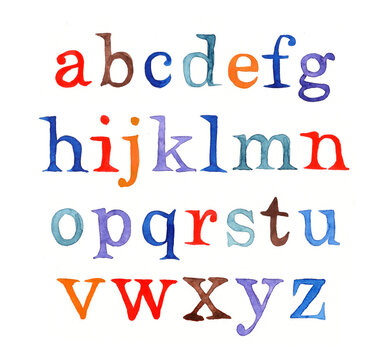 Colorful handpainted watercolor alphabet with lowercase letters.