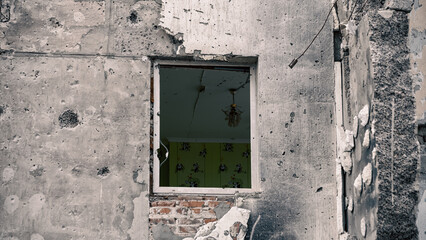 destroyed and burned houses in the city in Ukraine