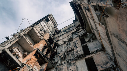 destroyed and burned houses in the city in Ukraine