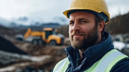 Fototapeta premium Dedicated Construction Worker in Yellow Hard Hat and Safety Vest at Outdoor Job Site with Heavy Machinery in the Background Under a Cloudy Sky