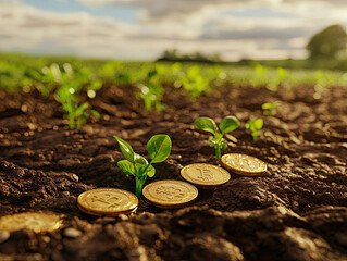 A handful of golden coins surrounded by tiny green shoots emerging from the fertile earth, against a peaceful farm landscape, showing the intersection of nature and finance 