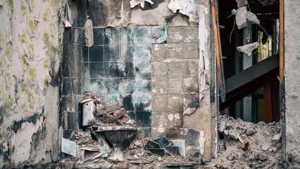 destroyed and burned houses in the city in Ukraine