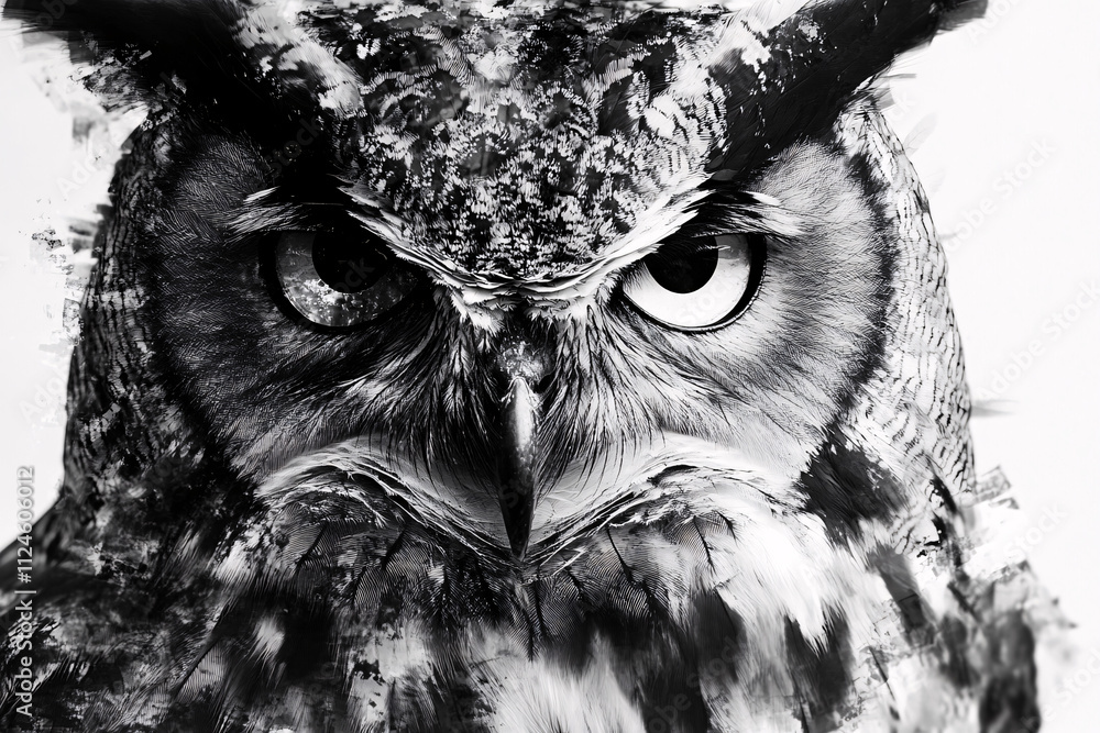 Poster a striking close-up of an owl's intense gaze in monochrome emphasizing intricate feather textures an