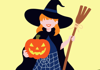 Illustration of a smiling girl in a witch costume holding a pumpkin and a broom on a yellow background