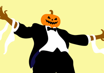 A figure with a jack-o'-lantern head in a tuxedo spreads its arms, capturing a theatrical and spooky Halloween vibe.