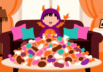 Girl in devil costume surrounded by Halloween candy at home