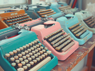 Row of old typewriters with chipped paint on a display table, each unique in style and color