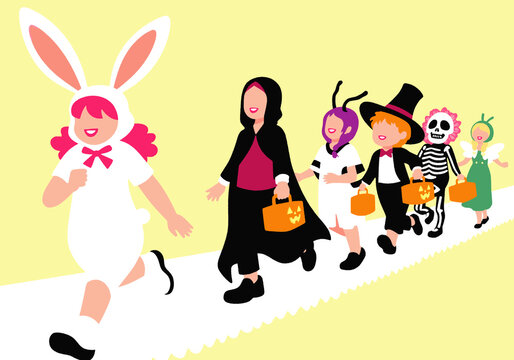 Group of children in costumes trick-or-treating during Halloween