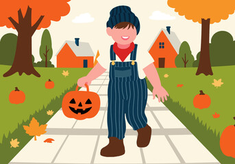 Illustration of a boy with a pumpkin bucket during Halloween