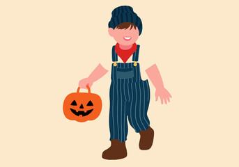 Illustration of a child in costume holding a jack-o'-lantern bucket for Halloween