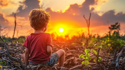 Obraz premium A young child among decaying trees in an empty land