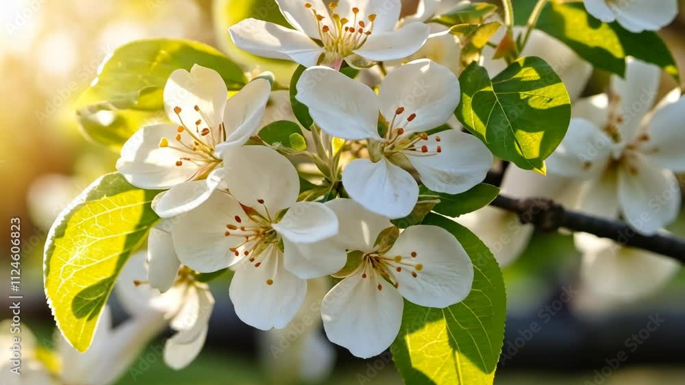 Poster beautiful white flowers bloom on a pear tree in the soft light of spring afternoon in a serene garde