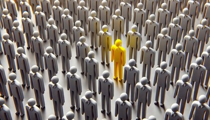 Obraz premium Yellow figure among gray figures, standing out, concept of individuality, uniqueness, leadership and distinction in a crowd of people