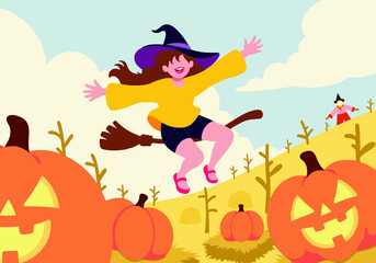 A joyful girl dressed as a witch flies on a broomstick over a pumpkin patch during Halloween