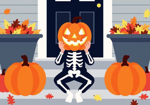 Child in skeleton costume holding jack-o'-lantern on porch surrounded by pumpkins