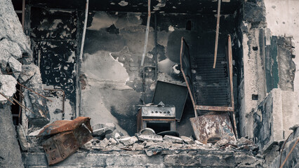 destroyed and burned houses in the city in Ukraine