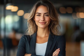 Confident businesswoman in modern office with arms crossed smiling professional Latin leader 45 years old