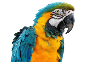 Fototapeta premium Stunning Hyperrealistic Image of a Blue and Gold Macaw Isolated on a Pure White Background for Art and Design Use