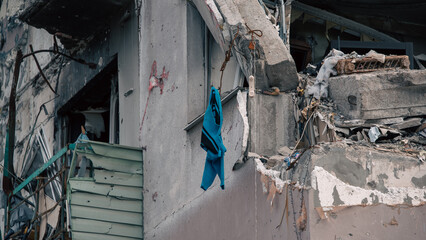destroyed and burned houses in the city in Ukraine