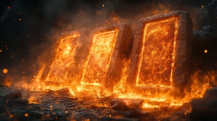 Ten Commandments Stone Tablets Engulfed in Flames Illuminated by Flickering Light